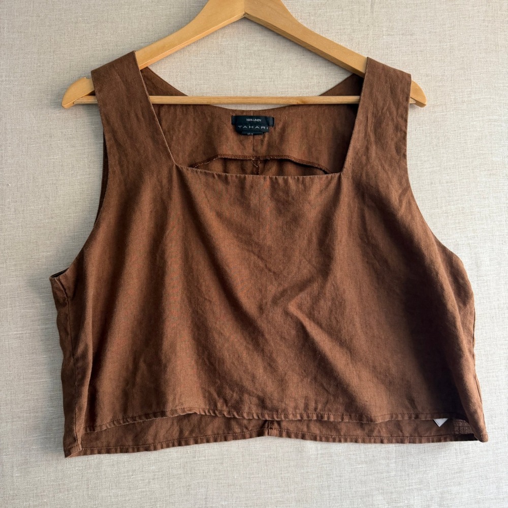 Tahari Linen Square Neck Crop Top Brown 100% Linen Minimalist XL